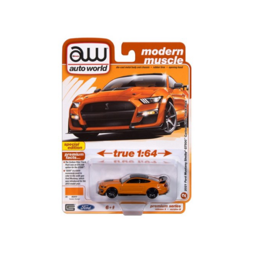 Miniatura Carro Ford Mustang Shelby GT500 Carbon Fiber Track Pack (2021) - Modern Muscle - Laranja - 1:64 - Auto World